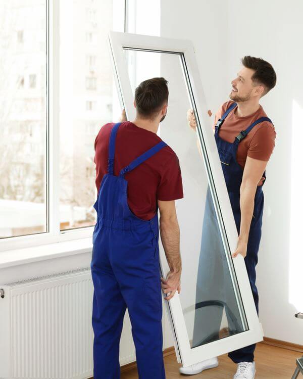 two crew members lifting a pane of glass